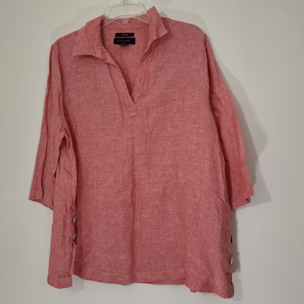 Tahari Pink Linen Split-Neck Tunic Top